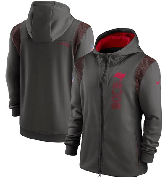 Men's Tampa Bay Buccaneers 2021 Pewter Sideline Team Performance Full-Zip Hoodie - Click Image to Close